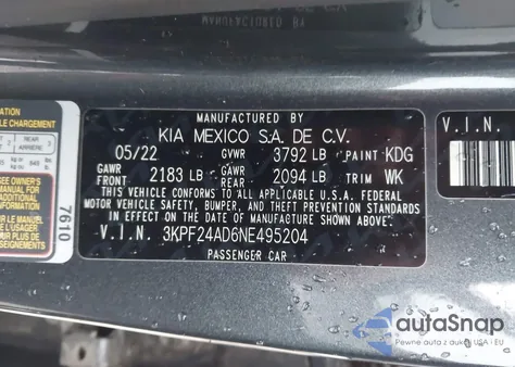 2022 Kia Forte Lxs z USA, uszkodzony, nr VIN 3KPF24AD6NE495204